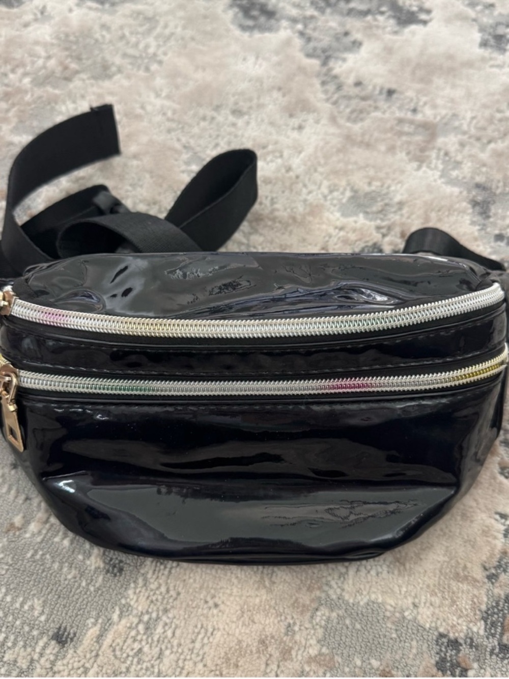 Black Patent Crossbody Belt Bag - Cute and Sleek Everyday Carry (phone keys ID)